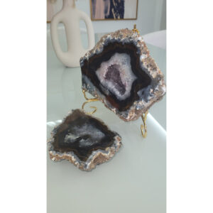 Geodo de Ágata Par com Suporte Sourado Pedras Naturais Cristais
