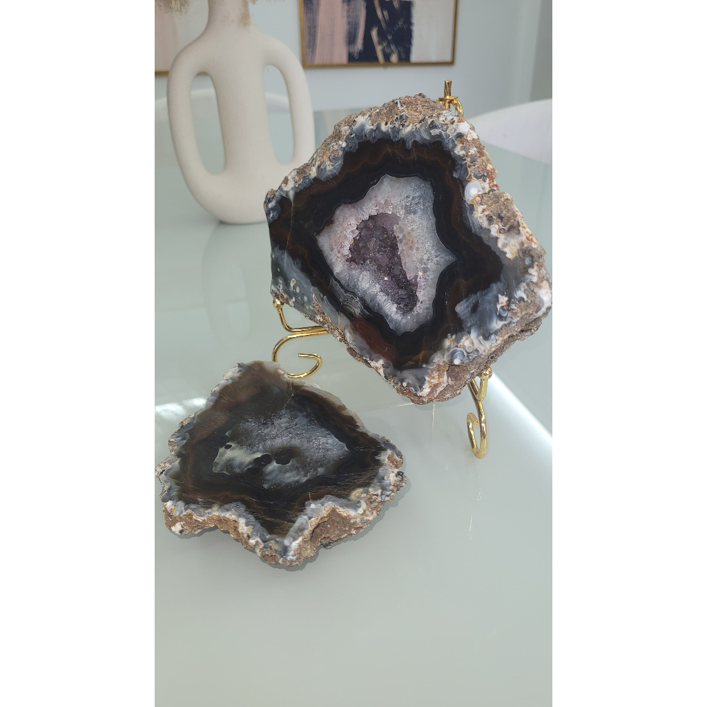 Geodo de Ágata Par com Suporte Sourado Pedras Naturais Cristais