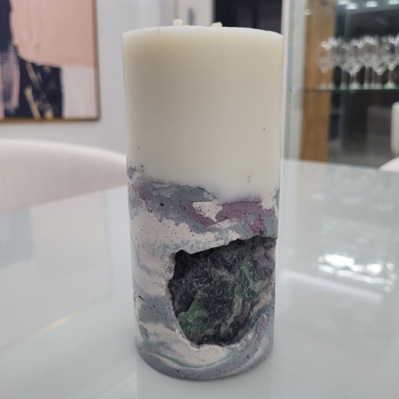 Vela Base Fluorita Pedra Natural Concreto